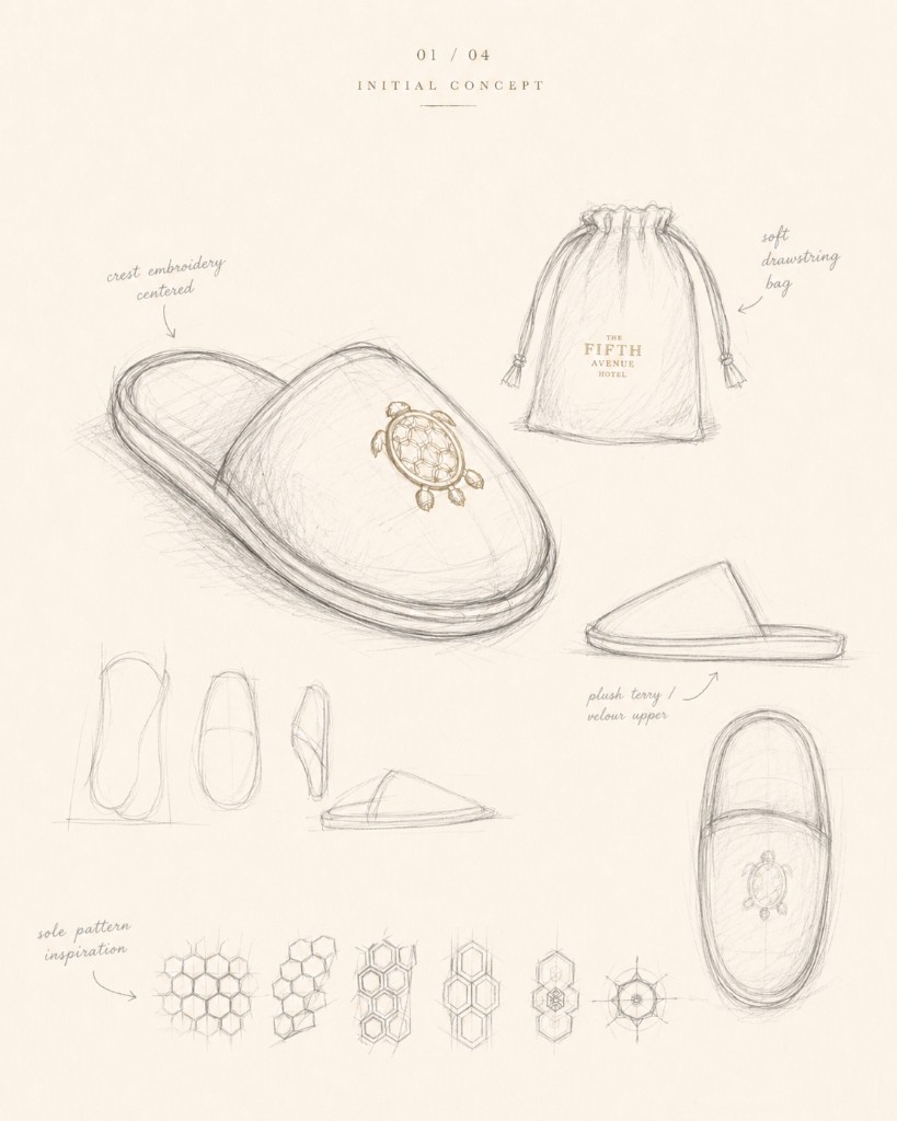 Initial Fifth Avenue Hotel slipper concept sketch