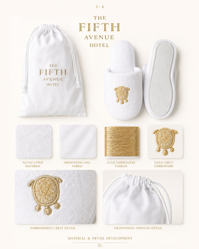 Fifth Avenue Hotel slipper material and detail development board
